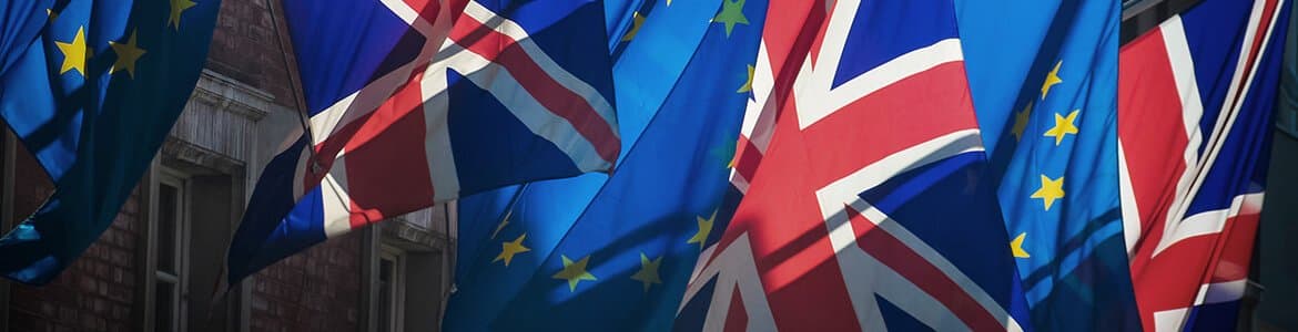 3 European Union flags between 3 UK Union Jack flags